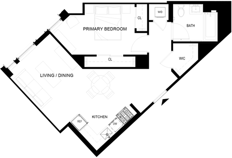 Floor plan for 1 bed, 1 bath, 640 sqft